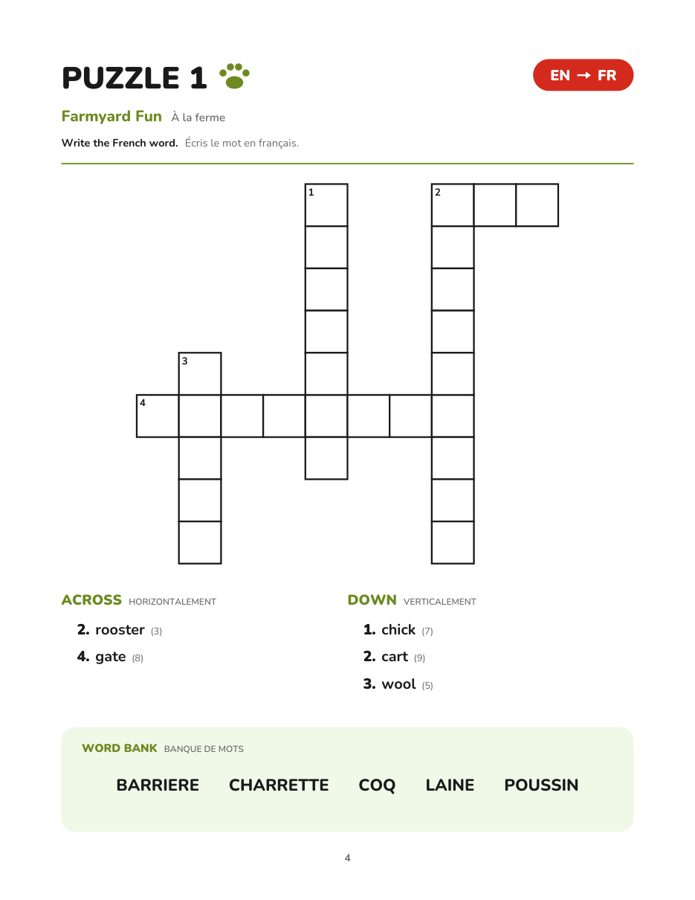 Sample puzzle page: Farmyard Fun, English to French, with clues and a word bank